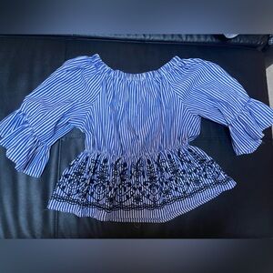 Blue Striped Women's Top with Black Embroidery